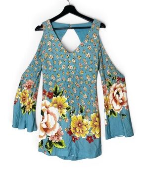 Farm Rio Blue Floral Cutout Mini Dress Bell Sleeve Boho Keyhole Back Sz Small
